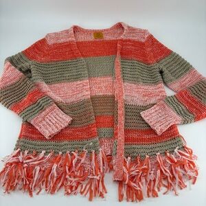 Ruby Rd. Fall Orange and Brown‎ Striped Fringe Cardigan Size Petite Medium